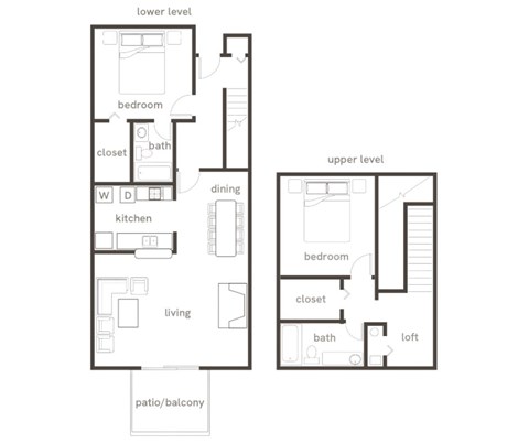 A floor plan of a two-level home with a living room, dining room, kitchen, bedrooms, bathrooms, and a loft.